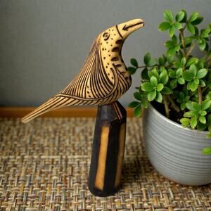 Vintage Hand Carved Wood Burned Bird Parrot Figurine Folk Art 6.5” Rustic Decor